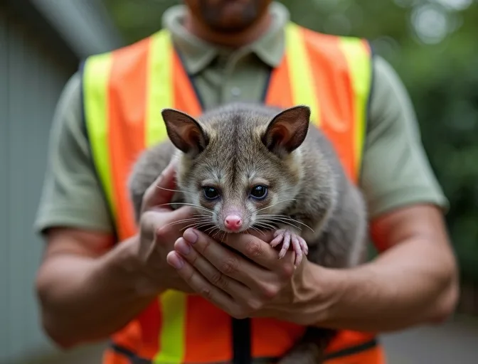 Animal handler safely recovering a deceased possum in Ravenhall